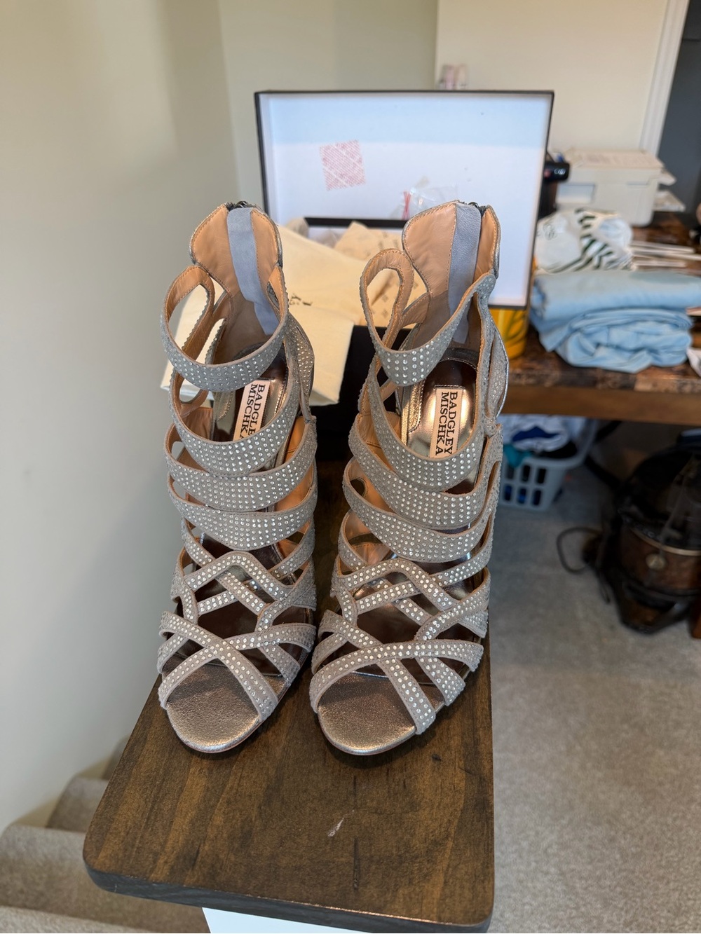 Badgley Mischka Embellished Taupe Strappy High Heels